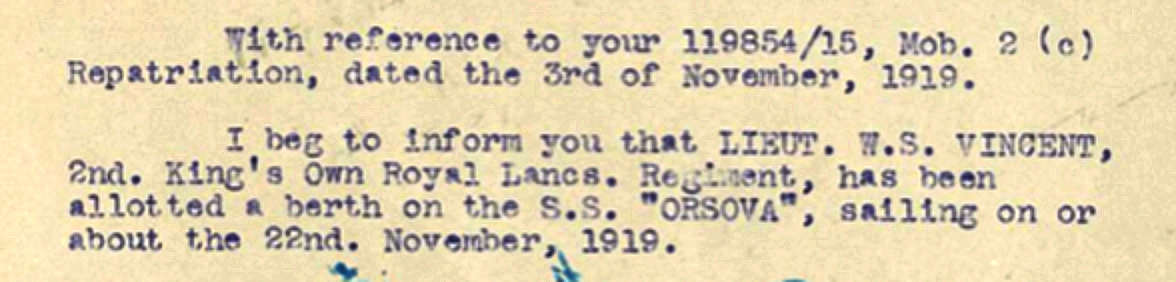 William Sails on 22nd November 1919 on “Orsova” for Australia